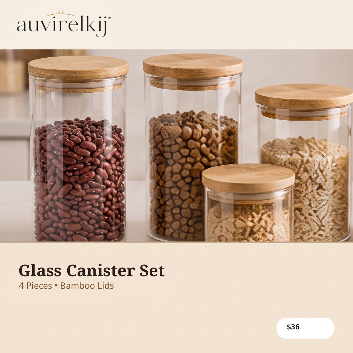 auvirelkij™ Glass Canister Set with Bamboo Lids – 4-Piece Airtight Kitchen Storage Jars for Pantry Organization